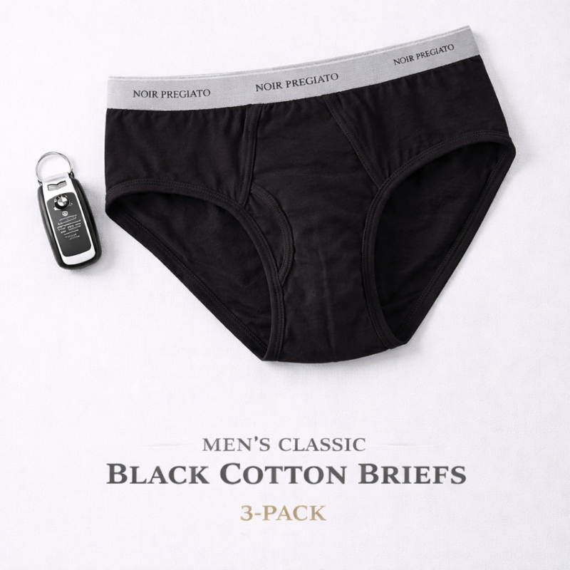 NOIR PREGIATO Mens Premium Cotton Brief – Plain Black Pack of 3
