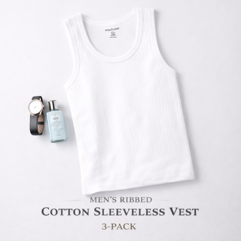 NOIR PREGIATO Mens Premium Cotton Ribbed Sleeveless Vest – White Pack of 3